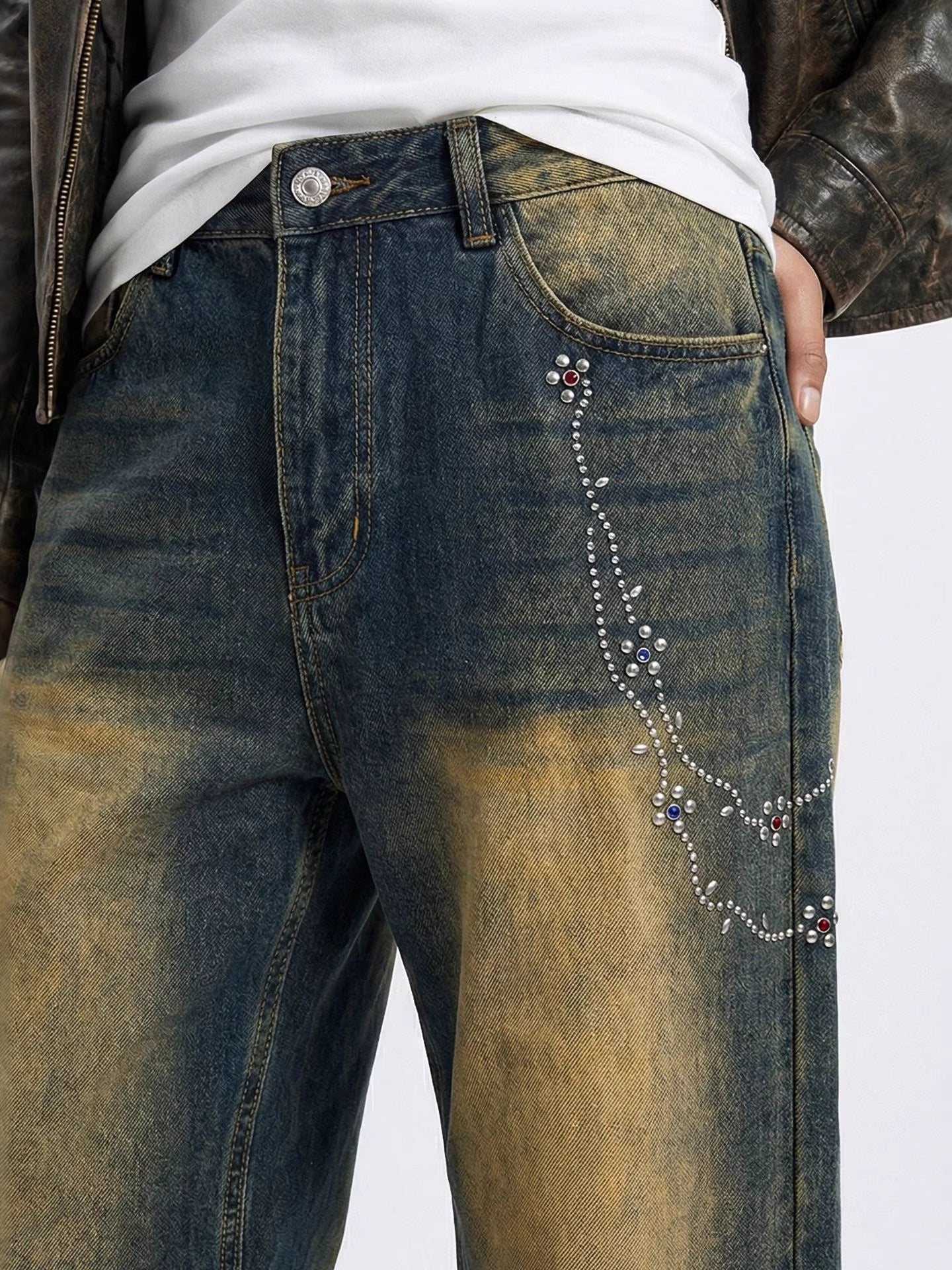 Retro Distressed Diamond Chain Jeans - Image 2