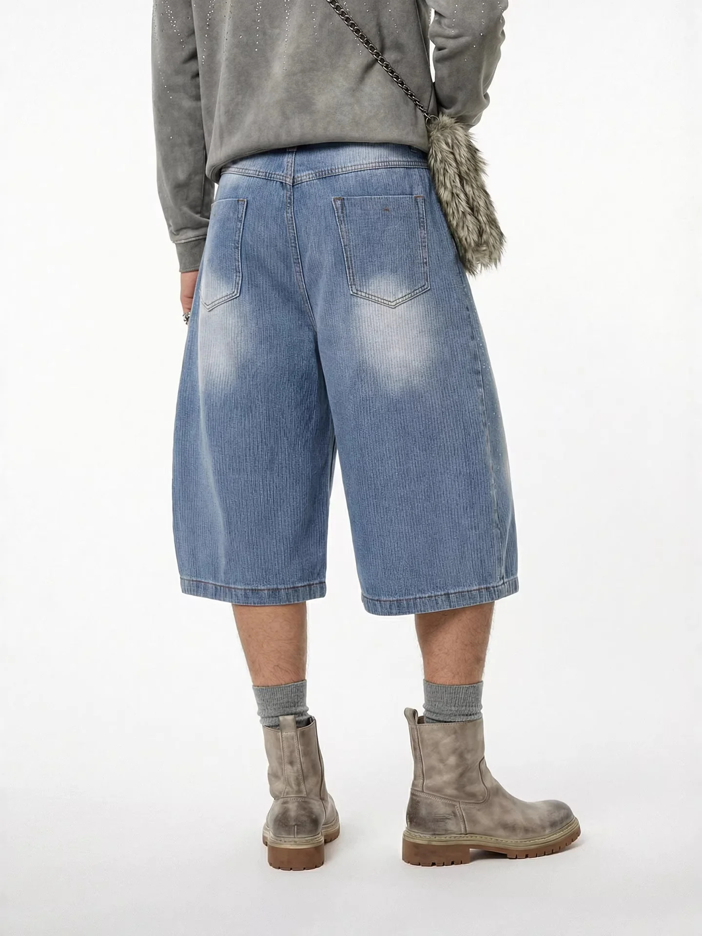 Light Blue Scattered Diamonds Washed Distressed Denim 7 Points Shorts - Image 2