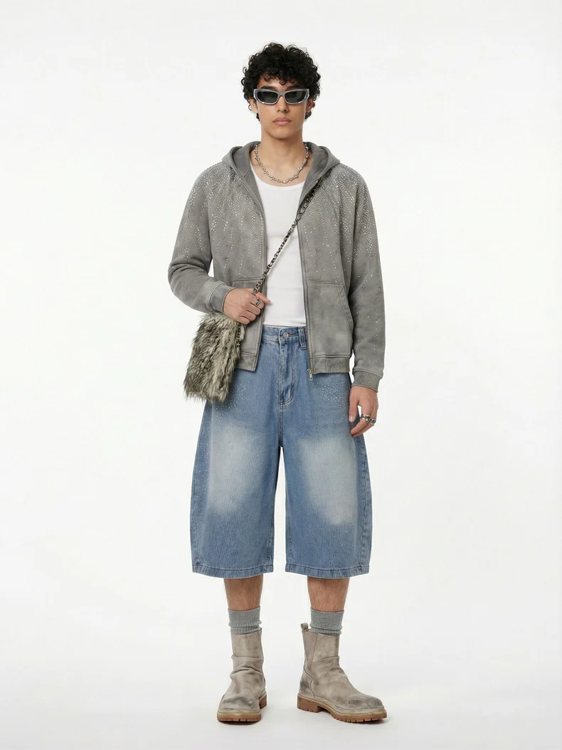 Light Blue Scattered Diamonds Washed Distressed Denim 7 Points Shorts - Image 3