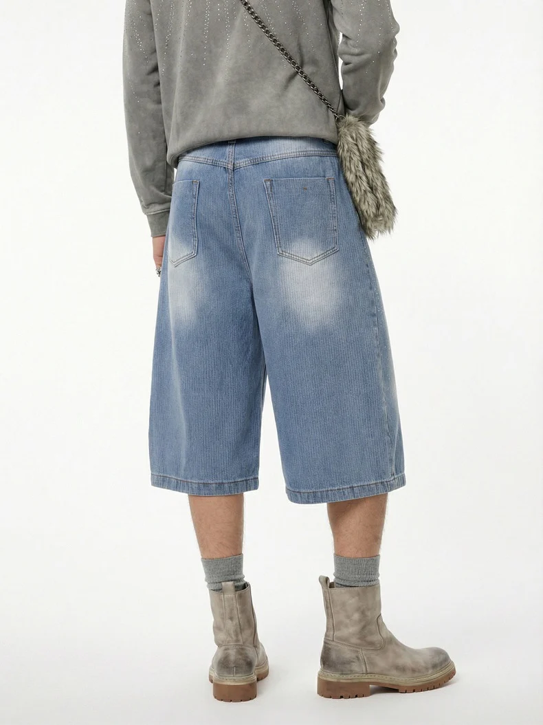 Light Blue Scattered Diamonds Washed Distressed Denim 7 Points Shorts - Image 4