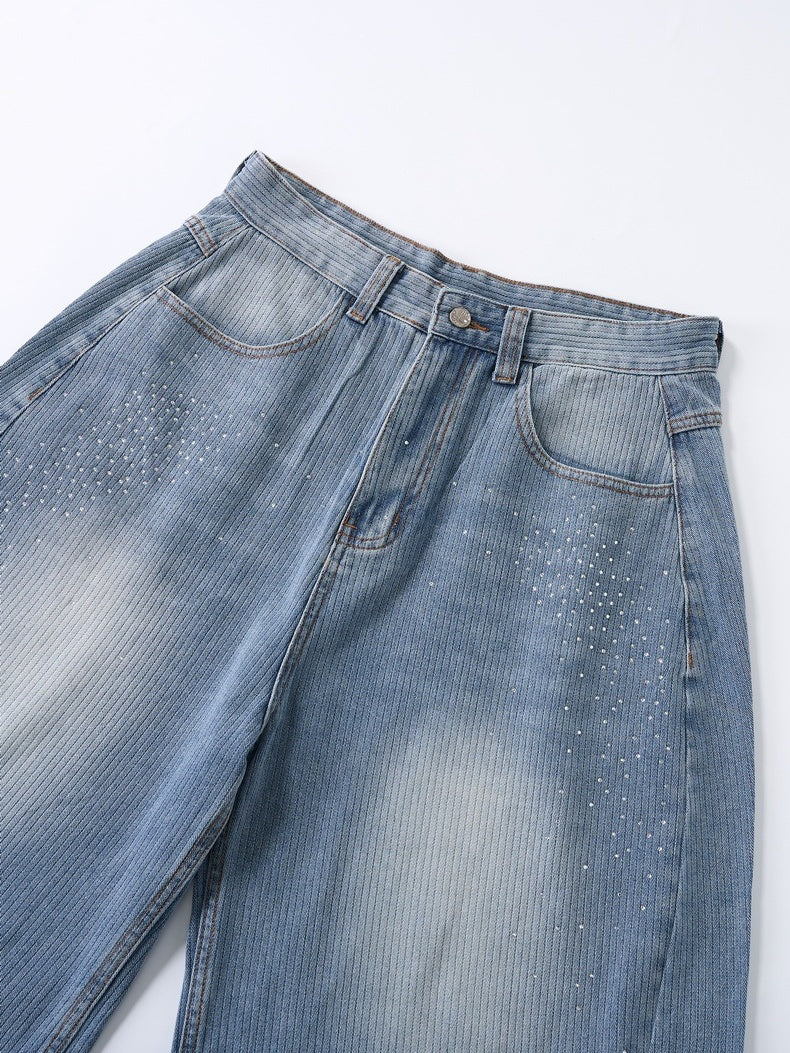 Light Blue Scattered Diamonds Washed Distressed Denim 7 Points Shorts - Image 5