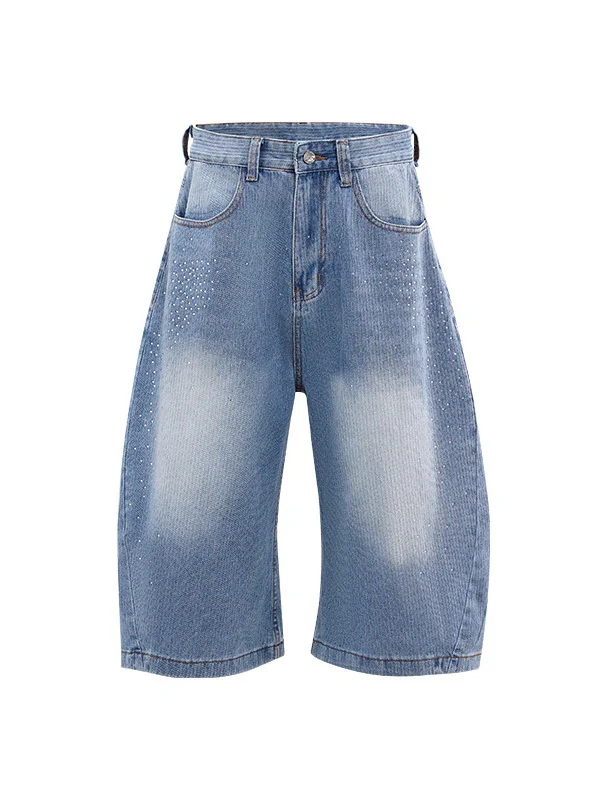 Light Blue Scattered Diamonds Washed Distressed Denim 7 Points Shorts - Image 9