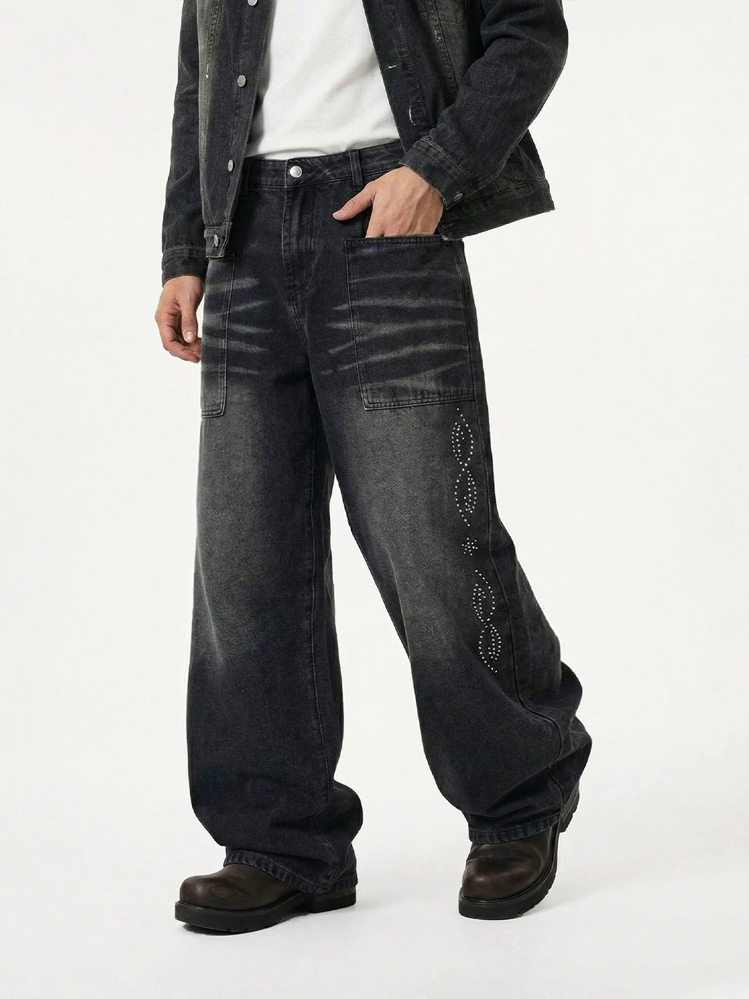 Black Cat Whiskers Sticker Bag Rhinestone-studded Distressed Wide-leg Jeans