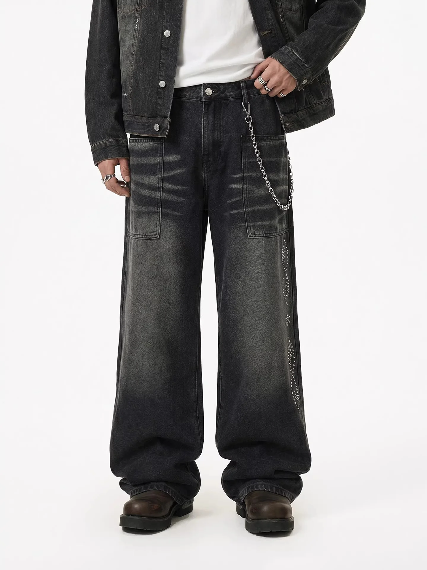 Black Cat Whiskers Sticker Bag Rhinestone-studded Distressed Wide-leg Jeans - Image 2