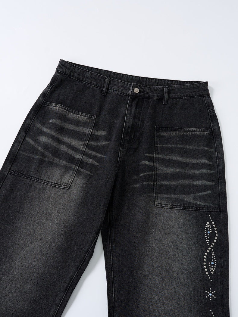Black Cat Whiskers Sticker Bag Rhinestone-studded Distressed Wide-leg Jeans - Image 5