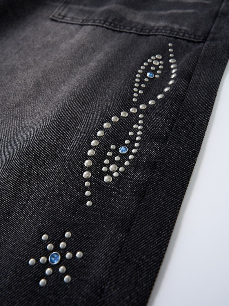Black Cat Whiskers Sticker Bag Rhinestone-studded Distressed Wide-leg Jeans - Image 6