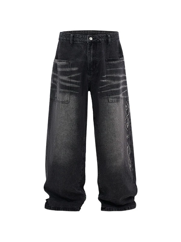 Black Cat Whiskers Sticker Bag Rhinestone-studded Distressed Wide-leg Jeans - Image 8