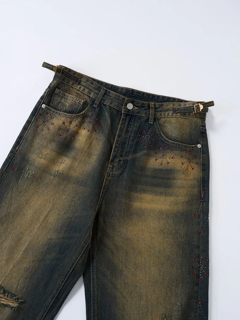 Retro Dirty Hole Red Diamond Distressed Jeans - Image 6