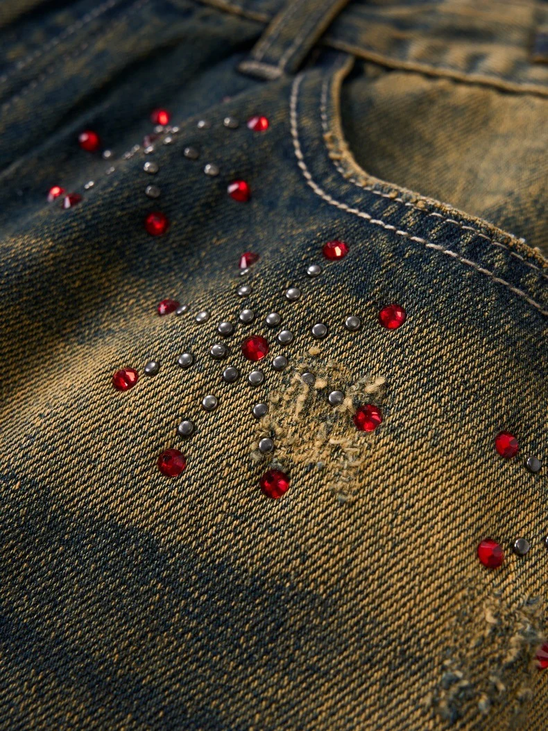 Retro Dirty Hole Red Diamond Distressed Jeans - Image 8