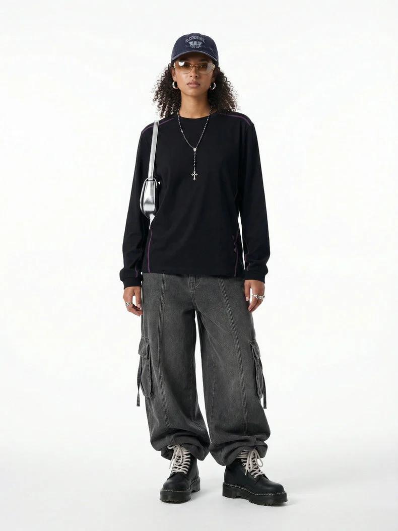 Cotton And Linen Color-blocked Outdoor Long Sleeves T-shirts - Image 3