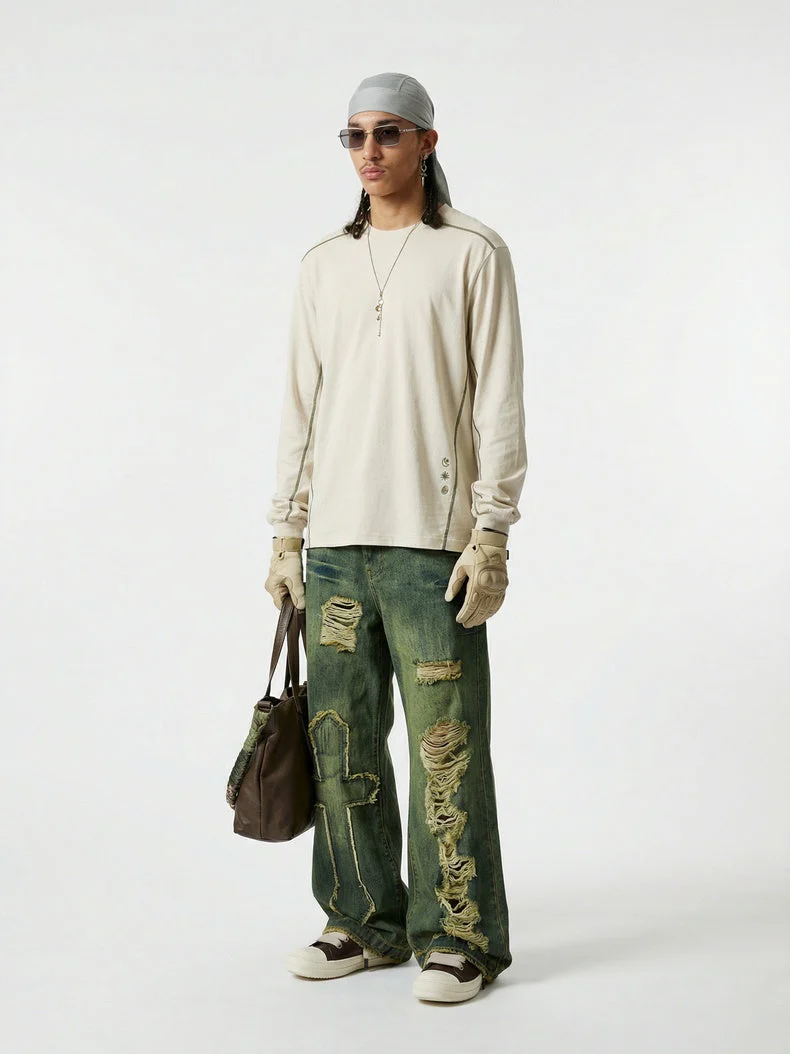 Cotton And Linen Color-blocked Outdoor Long Sleeves T-shirts - Image 6