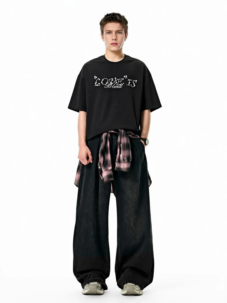 Letter Beading Loose-fit T-shirts - Image 8