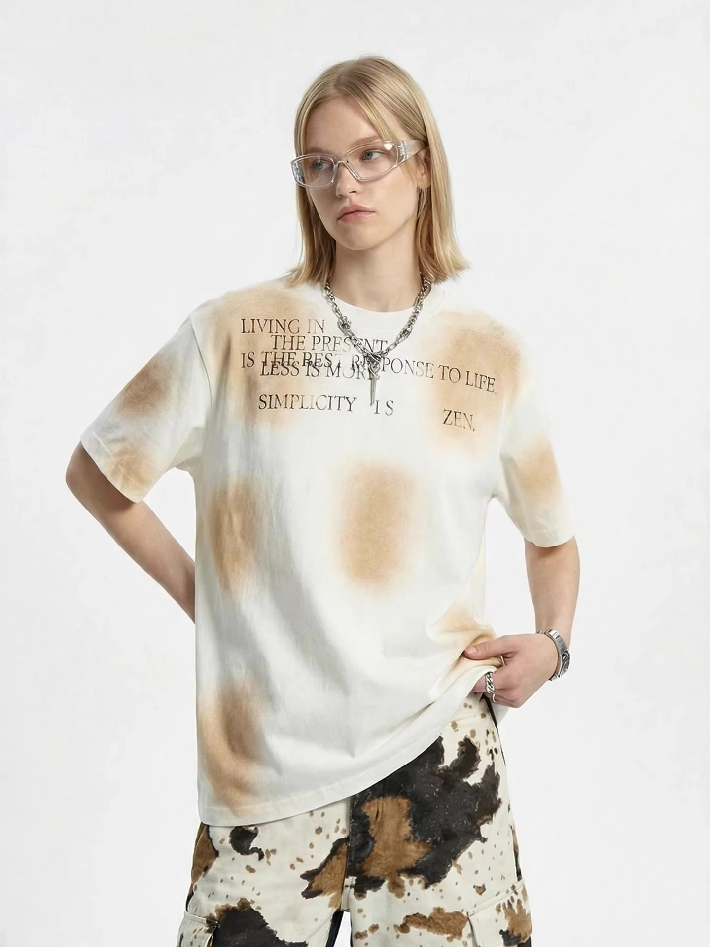 Cotton And Linen Printed Color-blocked Letter T-shirts - Image 6