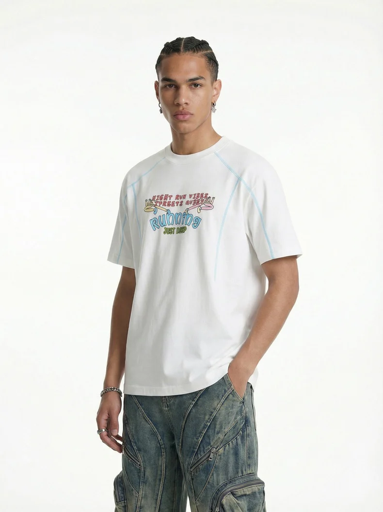 Suede Imitation Embroidery Printed Color-blocked T-shirts - Image 2