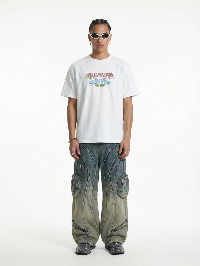 Suede Imitation Embroidery Printed Color-blocked T-shirts - Image 3