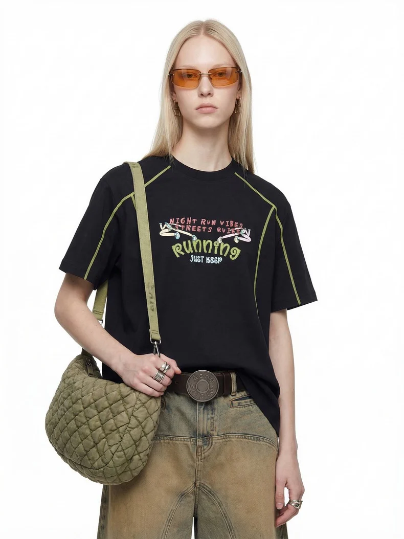 Suede Imitation Embroidery Printed Color-blocked T-shirts - Image 6