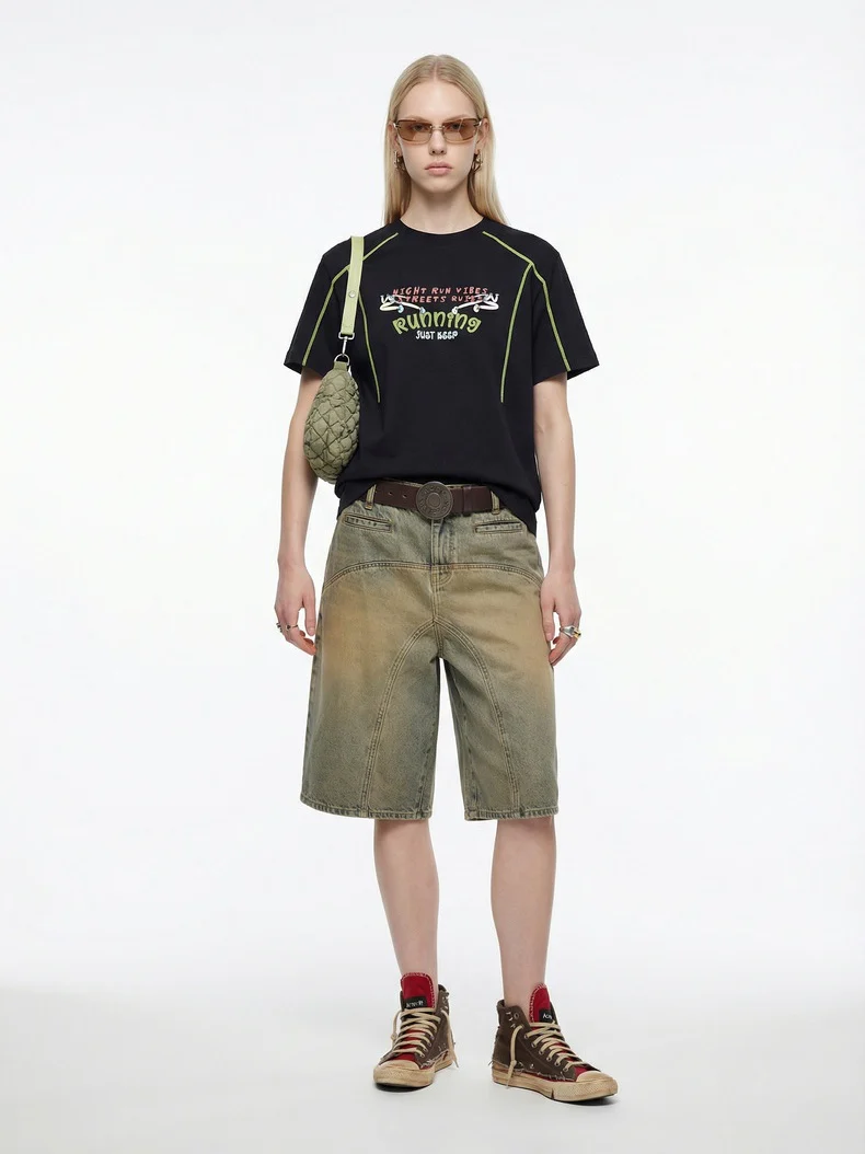 Suede Imitation Embroidery Printed Color-blocked T-shirts - Image 7