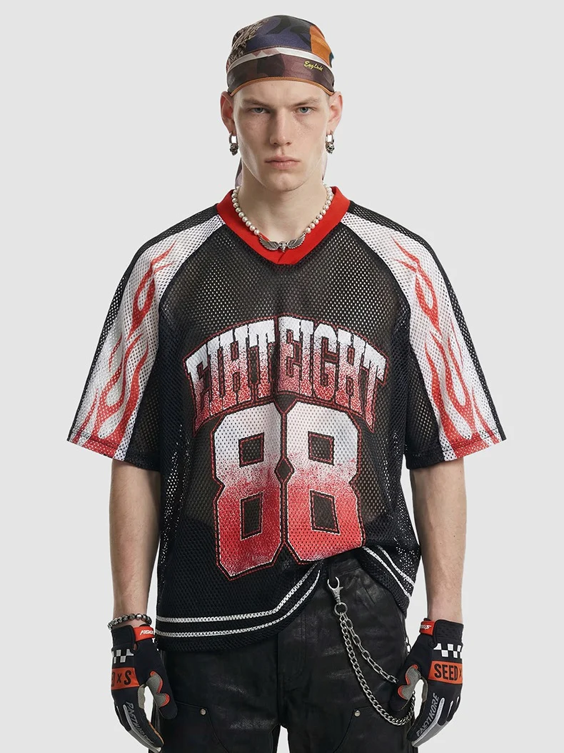 Flame Printed Net Hole Jersey Loose-fit Breathable T-shirts