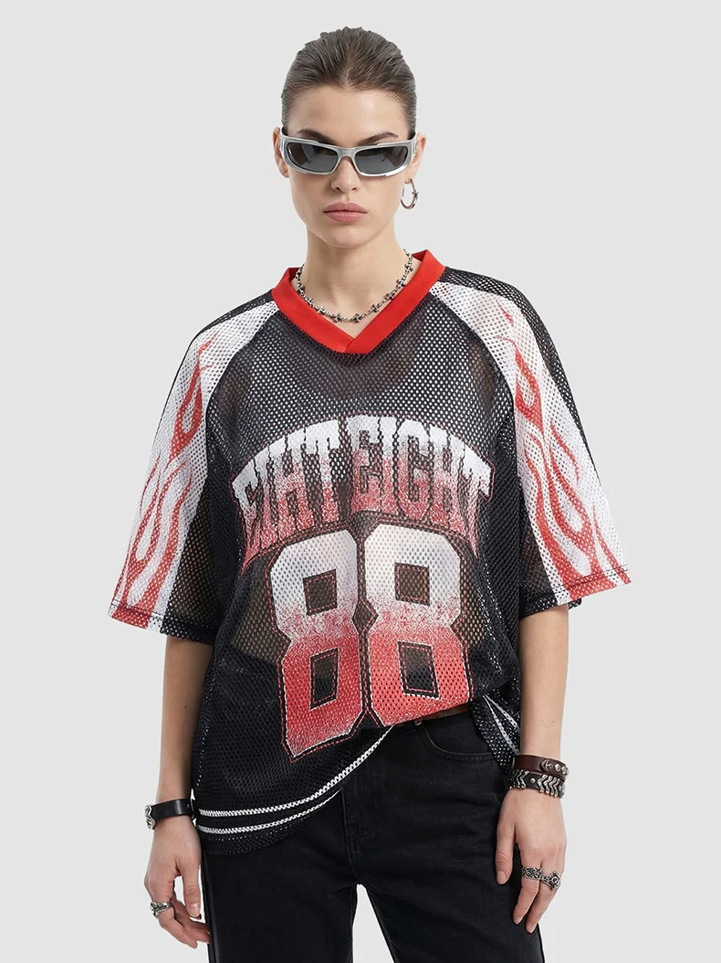 Flame Printed Net Hole Jersey Loose-fit Breathable T-shirts - Image 2