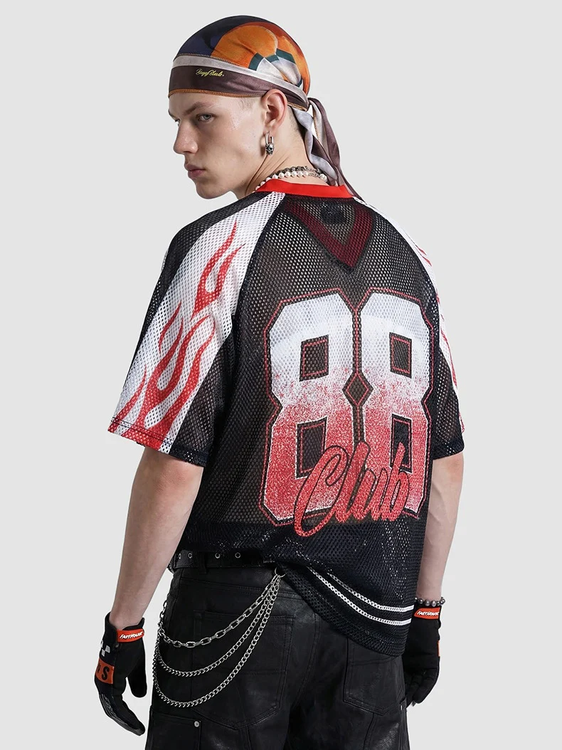Flame Printed Net Hole Jersey Loose-fit Breathable T-shirts - Image 3