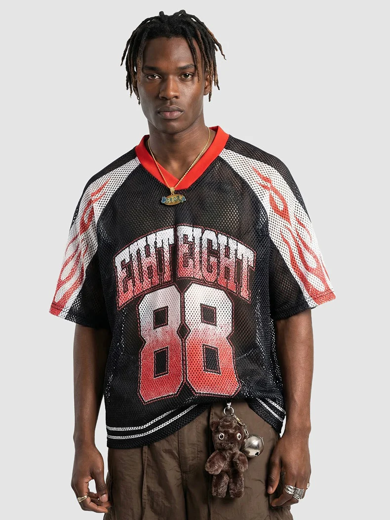 Flame Printed Net Hole Jersey Loose-fit Breathable T-shirts - Image 4