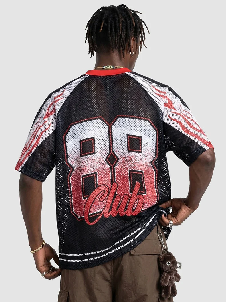 Flame Printed Net Hole Jersey Loose-fit Breathable T-shirts - Image 5