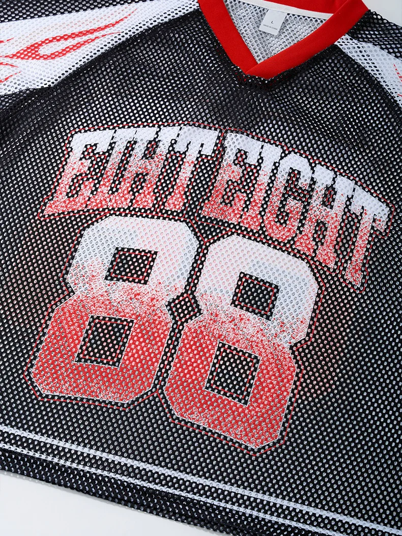 Flame Printed Net Hole Jersey Loose-fit Breathable T-shirts - Image 6