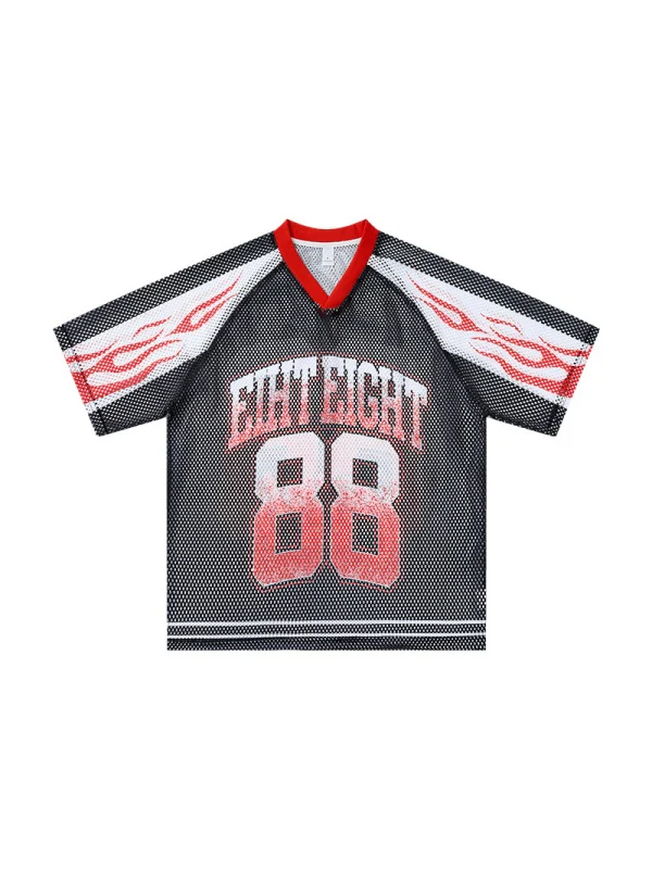 Flame Printed Net Hole Jersey Loose-fit Breathable T-shirts - Image 7