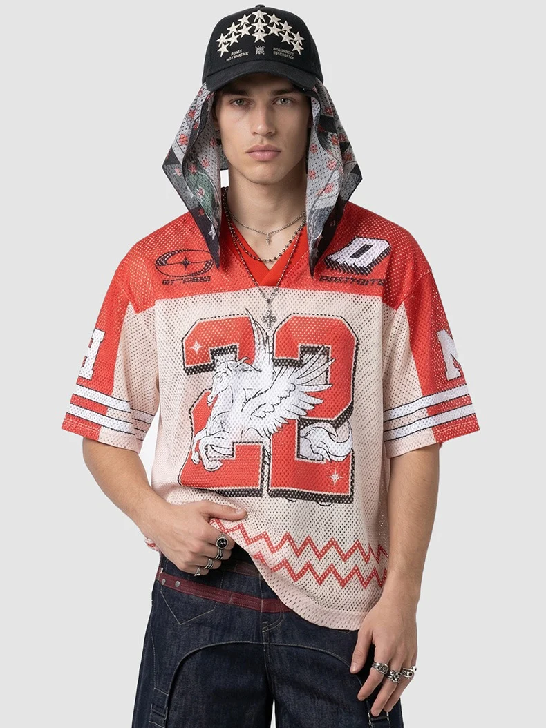 Printed Net Hole Baseball Color-blocked Breathable T-shirts