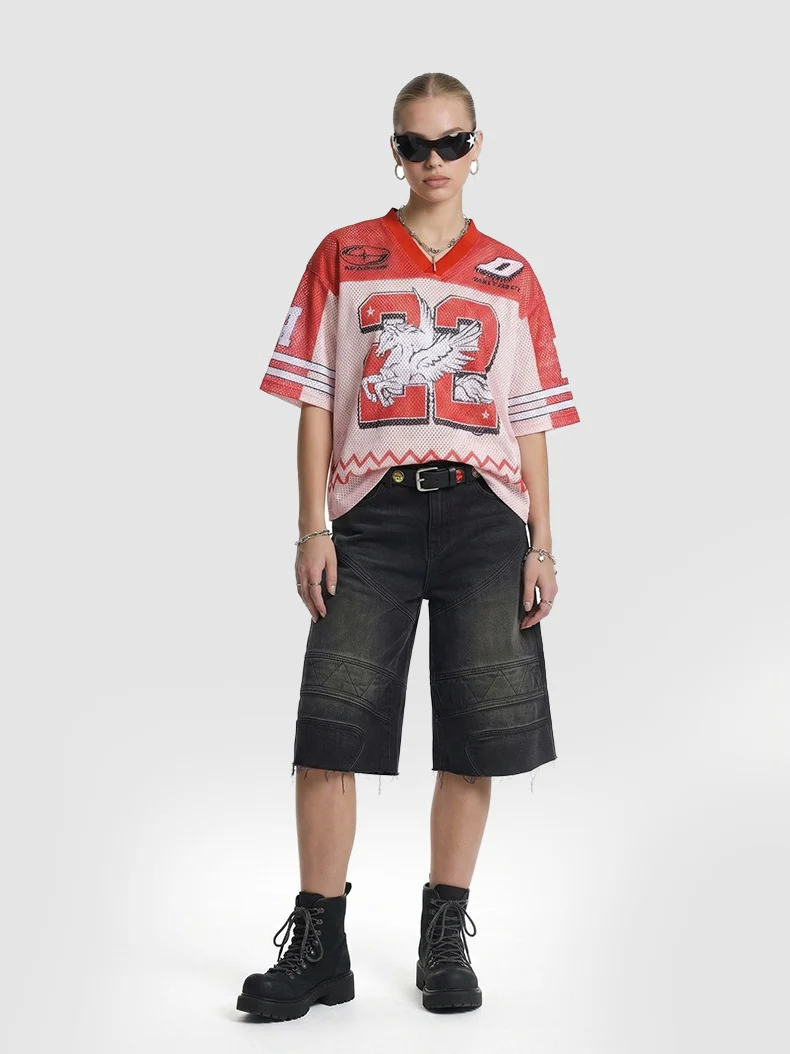Printed Net Hole Baseball Color-blocked Breathable T-shirts - Image 2