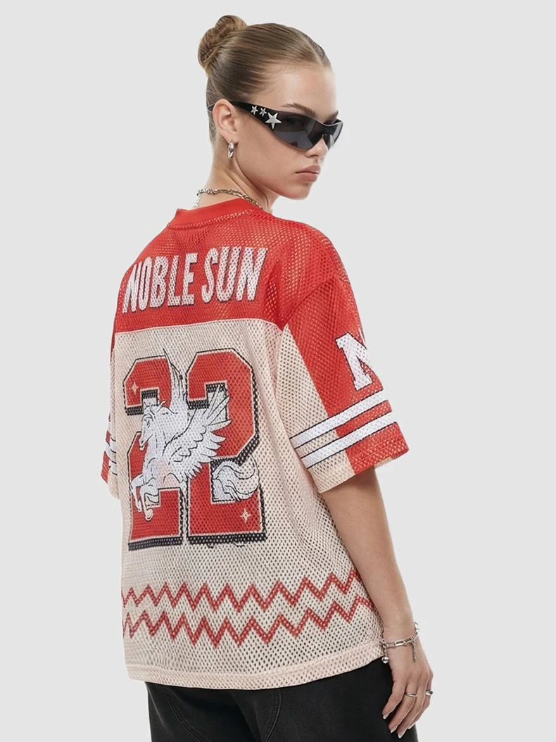 Printed Net Hole Baseball Color-blocked Breathable T-shirts - Image 3