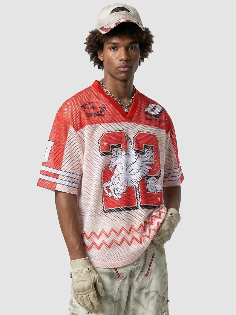 Printed Net Hole Baseball Color-blocked Breathable T-shirts - Image 4