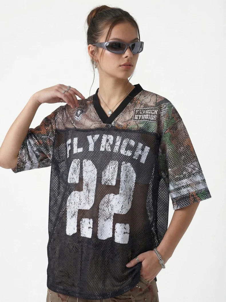 Camouflage Patchwork Baseball Hollow Out Breathable T-shirts - Image 5