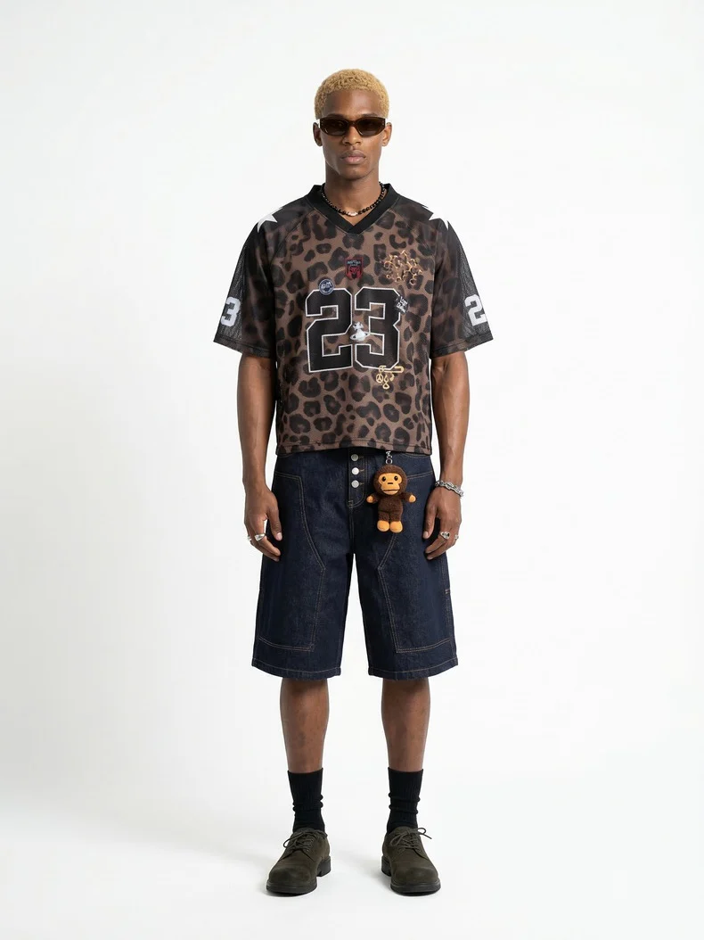 Retro Leopard Print Printed Net Hole Jersey Breathable T-shirts - Image 2
