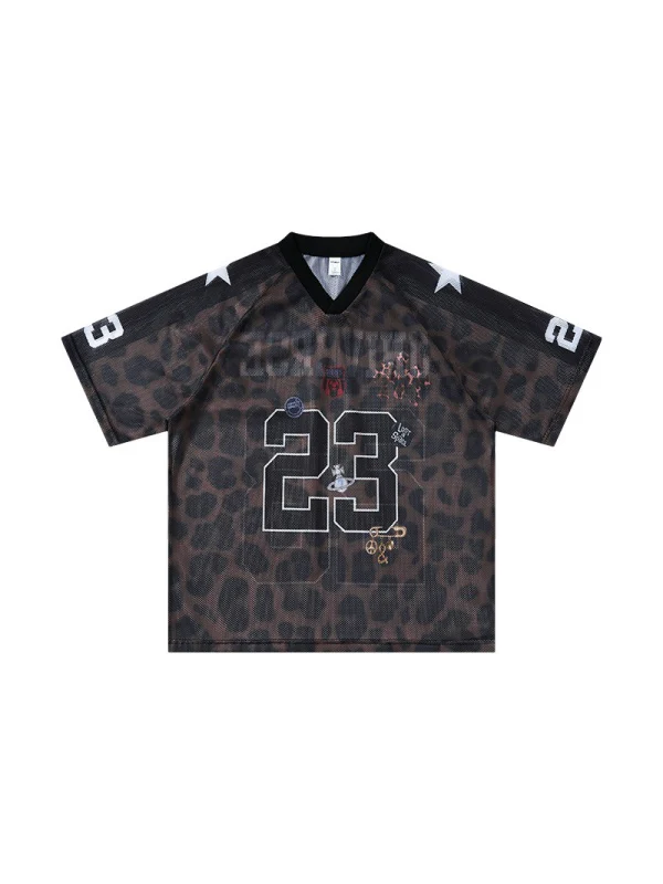 Retro Leopard Print Printed Net Hole Jersey Breathable T-shirts - Image 4