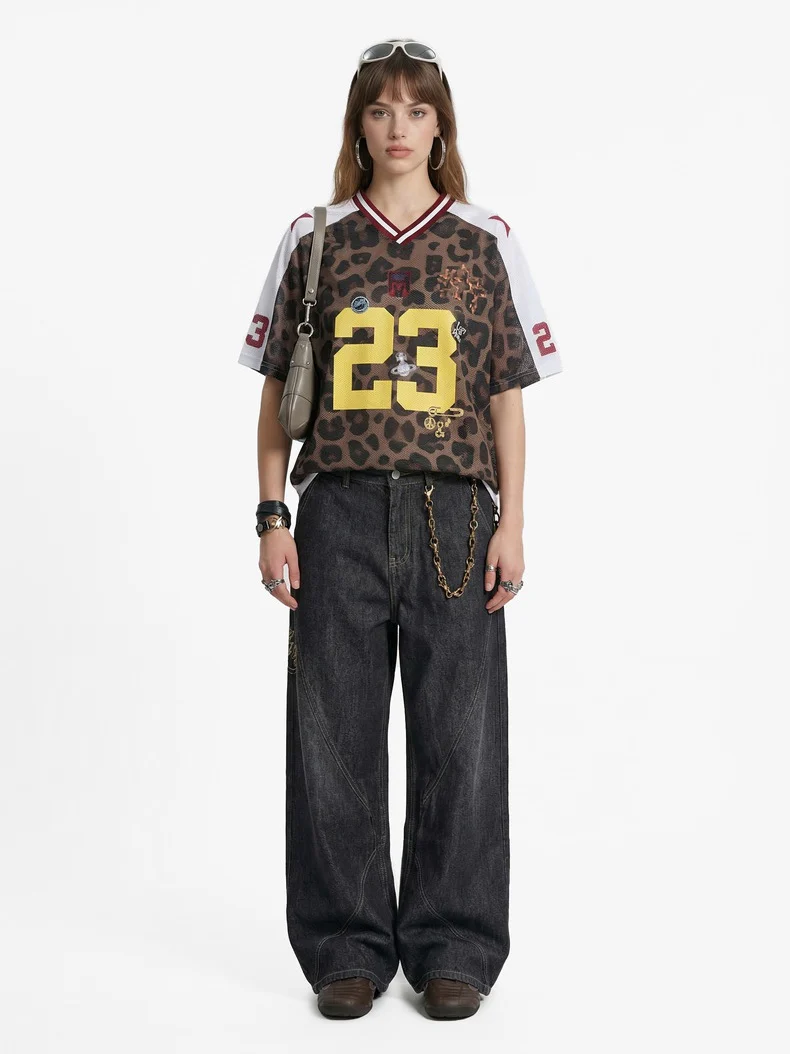 Retro Leopard Print Printed Net Hole Jersey Breathable T-shirts - Image 5