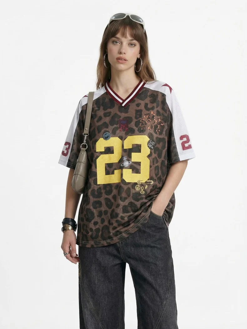 Retro Leopard Print Printed Net Hole Jersey Breathable T-shirts - Image 6
