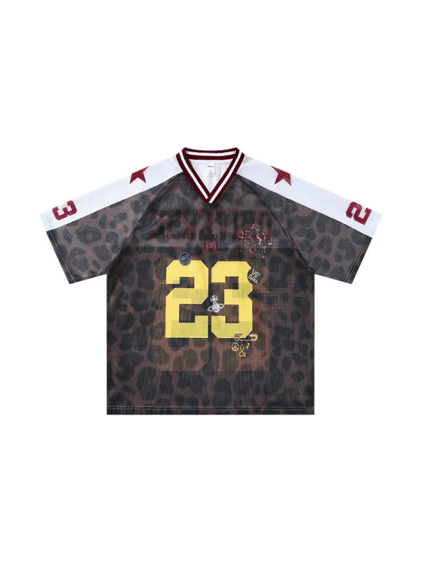 Retro Leopard Print Printed Net Hole Jersey Breathable T-shirts - Image 9