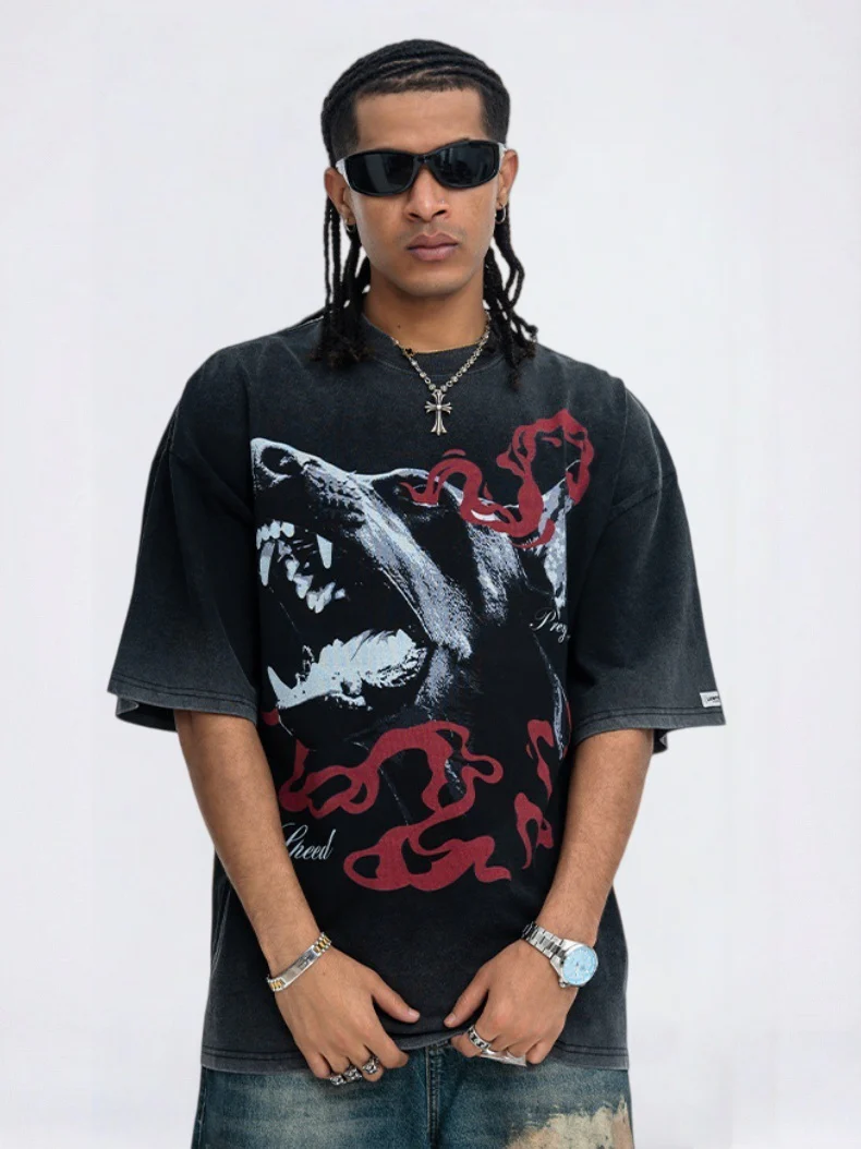 Washing Water Distressed Doberman Pinscher Printed Loose-fit T-shirts