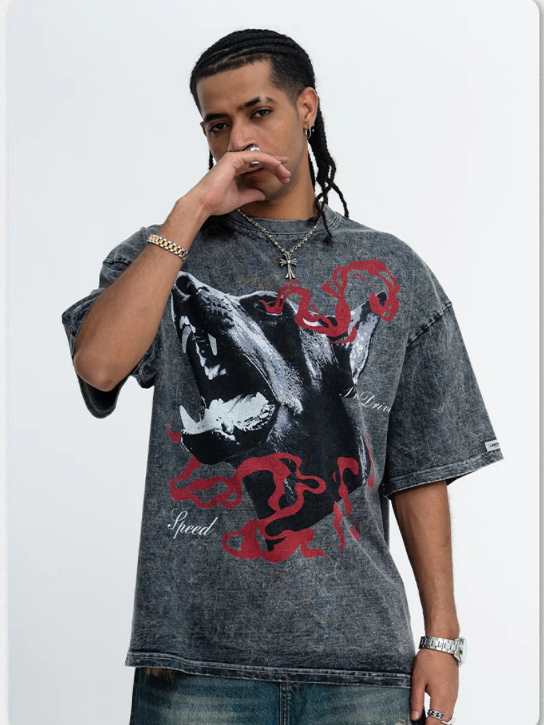 Washing Water Distressed Doberman Pinscher Printed Loose-fit T-shirts - Image 5