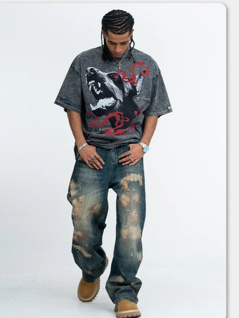 Washing Water Distressed Doberman Pinscher Printed Loose-fit T-shirts - Image 6