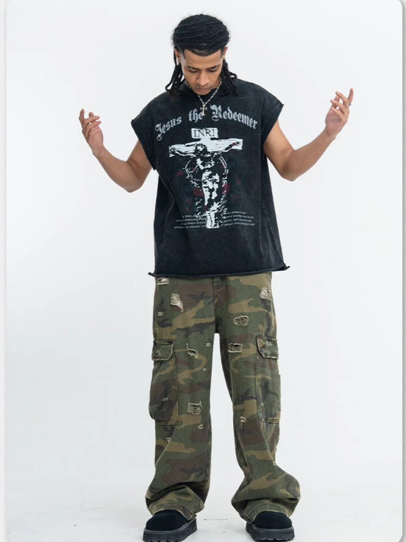 Washed Distressed God Printed Tank Tops - Image 2