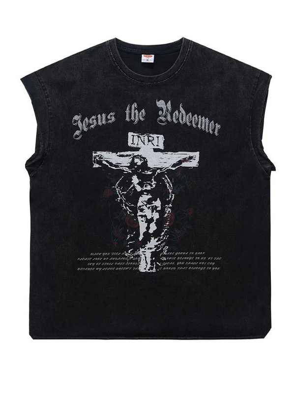 Washed Distressed God Printed Tank Tops - Image 3