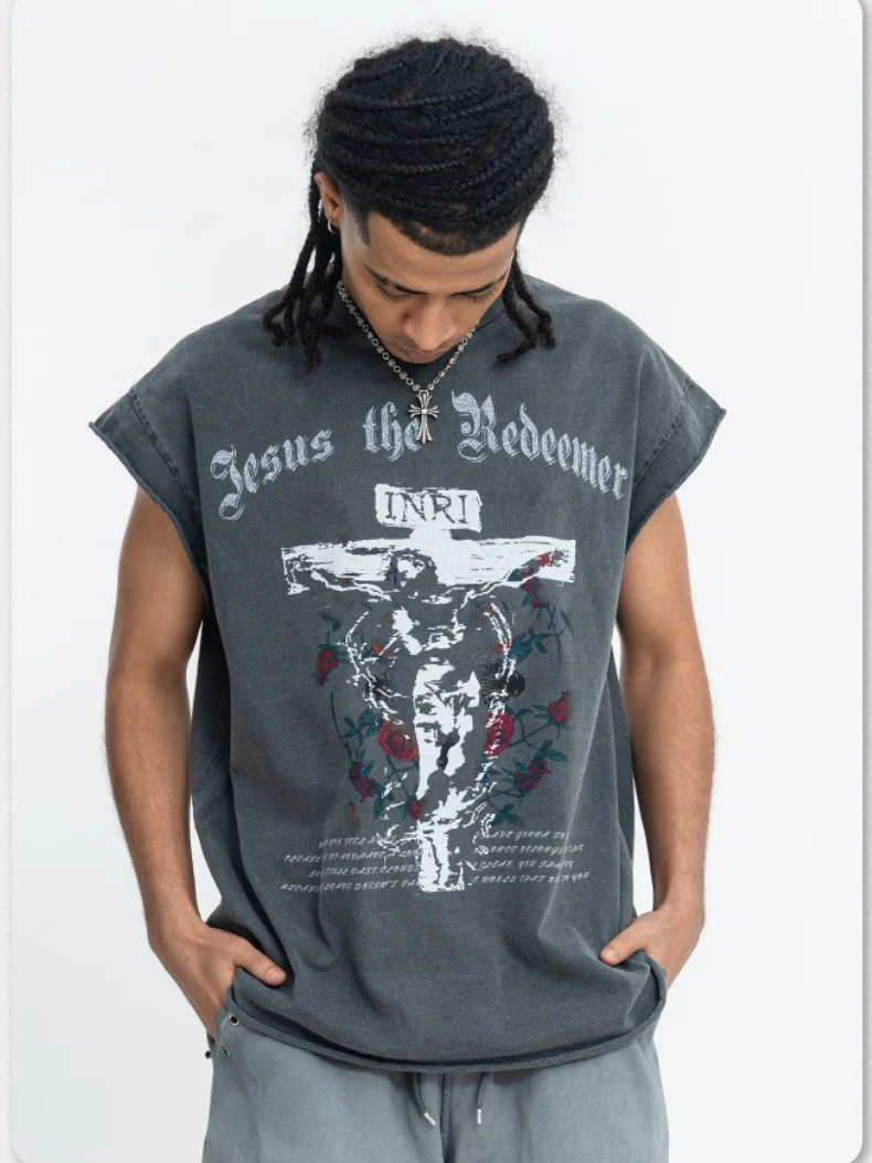 Washed Distressed God Printed Tank Tops - Image 5