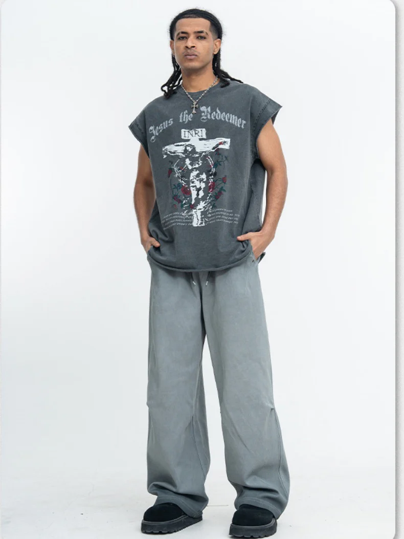 Washed Distressed God Printed Tank Tops - Image 6