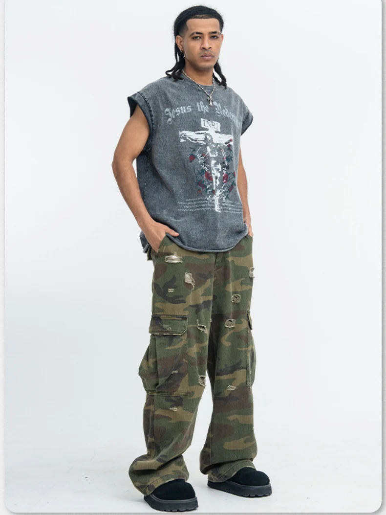 Washed Distressed God Printed Tank Tops - Image 7