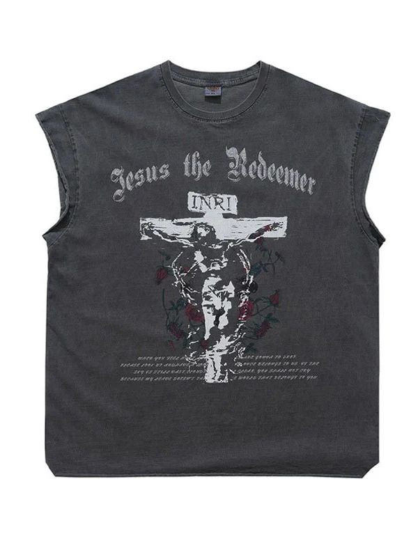 Washed Distressed God Printed Tank Tops - Image 8