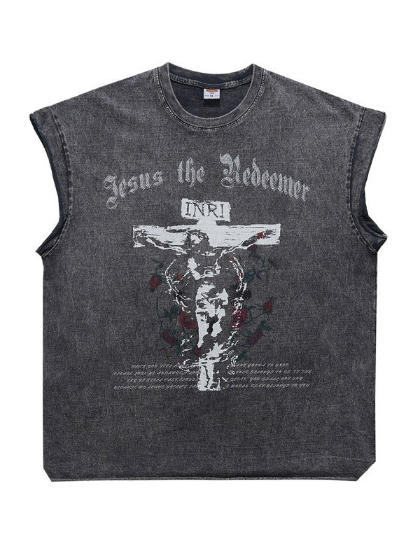 Washed Distressed God Printed Tank Tops - Image 9