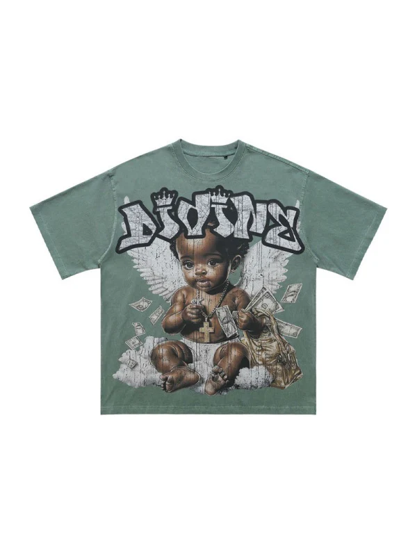 Washing Water Retro Angel Child Printed Loose-fit T-shirts - Image 4