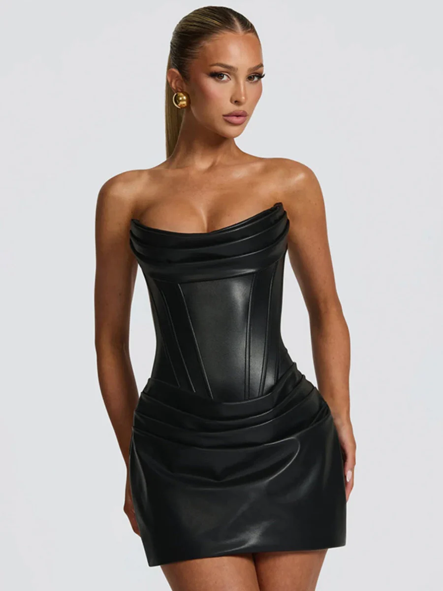 PU Pleated Fishbone Strapless A-line Bustier Mini&Short Dresses